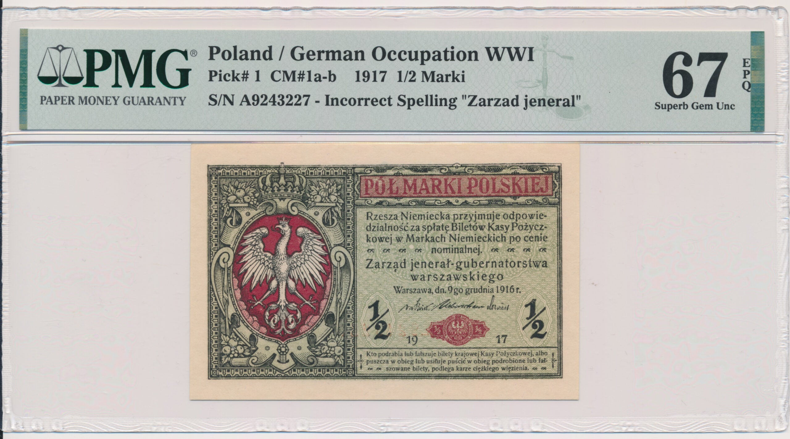 Banknot 1/2 marki 1917 – jenerał – PMG 67 EPQ